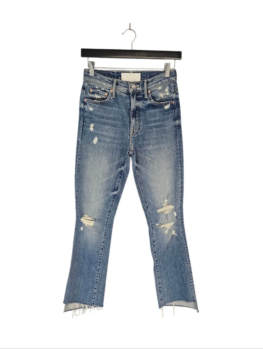 MOTHER The Insider Crop Step Fray‎ Distressed High Straight Leg Blue Jeans 24